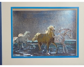 Impressão em folha metálica de Rosemary Sarah Welch Dufex, "4 cavalos correndo na água do oceano", emoldurada, 1989.