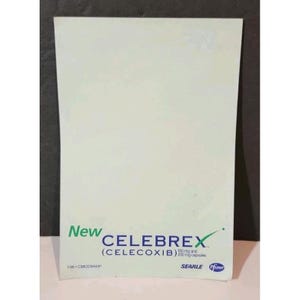 May include: A white pamphlet with the word "New" in green at the top left. The word "CELEBREX" is in large blue letters, with "(CELECOXIB)" below it. The pamphlet also includes the text "100 mg and 200 mg capsules".