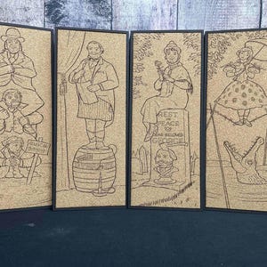 May include: Four-panel artwork featuring line drawings of characters. The panels are framed in black and have a cork-like background. The drawings depict figures in various scenes, including a man on a barrel and a woman with a tombstone.