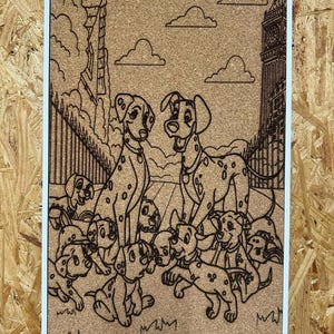 May include: Corkboard art featuring a black line drawing of the 101 Dalmatians characters in front of Big Ben. The artwork includes two adult Dalmatians and several puppies, with clouds in the background. The artwork is framed in a white border.