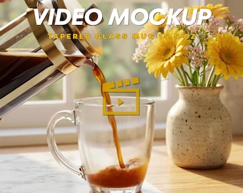 Tapered Glass Mug Video Mockup, Pouring Coffee, French Press, Blank 15.5oz Cup