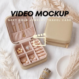 ソフトゴールドジュエリーボックスビデオモックアップ、無地ヴィーガンレザートラベルケース、カスタムリングオーガナイザー