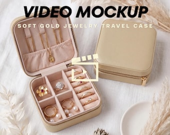 Soft Gold Jewelry Box Video Mockup, Blank Vegan Leather Travel Case, Custom Ring Organizer