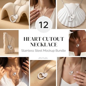Set di mockup per collana con ciondolo a forma di cuore in acciaio inossidabile, modello femminile, espositore per ciondolo in argento vuoto.