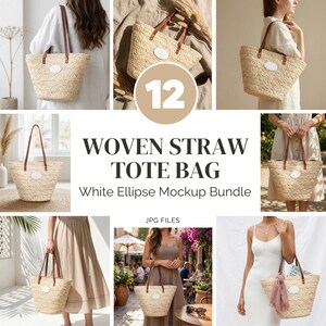 Woven Straw Tote Bag Mockup Bundle, White Ellipse Patch, Blank Summer Logo Display