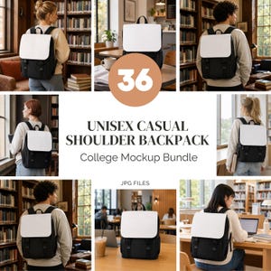 May include: A black and white unisex casual shoulder backpack mockup. The backpack has a white flap and black body with adjustable straps. The image includes the text "UNISEX CASUAL SHOULDER BACKPACK College Mockup Bundle" and "JPG FILES".