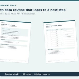 May include: A Magpie Learning Tools maths data routine guide featuring a 9-page guide and 3-page fillable PDF for K-2 intervention. The document includes sections titled From probe to next lesson and Worked eight-session example with data tables.