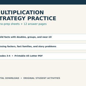 May include: A digital download titled MULTIPLICATION STRATEGY PRACTICE containing 12 no-prep sheets and 12 answer pages. It features sections for building facts, missing factors, fact families, story problems, and is for grades 3-4 in US Letter PDF.