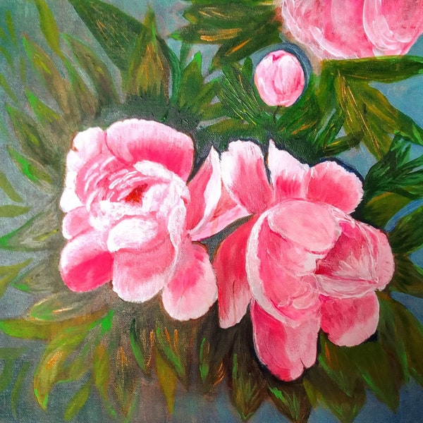 Oeuvre acrylique originale, Art acrylique de pivoine, peinture acrylique sur panneau dur, fleurs roses beauté et fleurs de symbole d'amour, fleurs acryliques