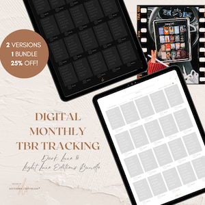 May include: Digital monthly to-be-read (TBR) tracking planner in two versions: dark luxe and light luxe. The planner features a grid of squares with space to place book covers and mark books as read.
