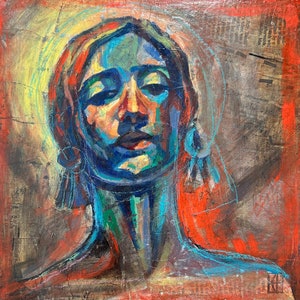May include: An abstract portrait painting featuring a person with blue skin and colorful highlights. The artwork has a red and brown background with visible newspaper clippings. The subject has earrings and a halo-like effect around the head.