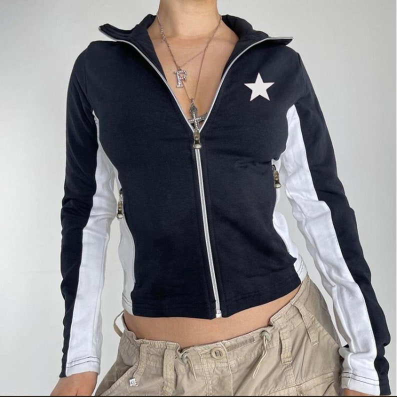 Y2k Jackets Women Star Pattern Contrast Patchwork Moto & Etsy