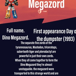 May include: A red, yellow, and blue robot called Dino Megazord. The robot is a combination of five separate robots. The text "Megazord" is written in large letters above the robot. The text "Full name. Dino Megazord. First appearance Day of the dumpster (1993)" is written below the robot.
