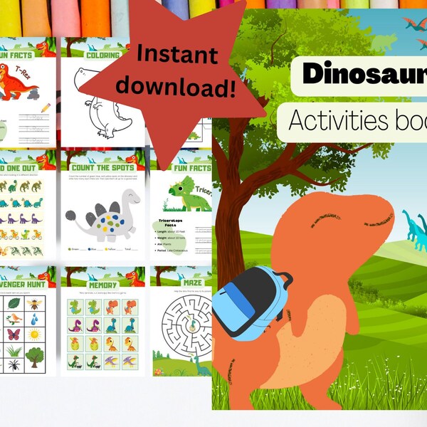 Preschool Learning Packet - Dinosaur themed Printable 23 Preschool Worksheets & Activity Pages, Toddler Busy Book, Numbers, Shapes, Colors