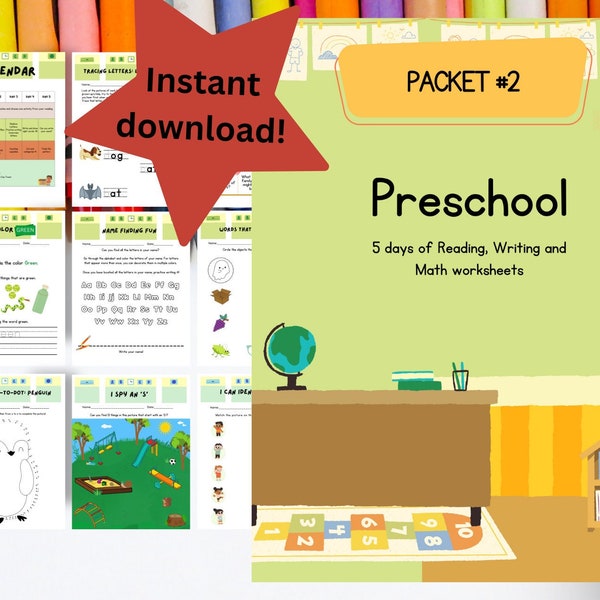 Preschool Independent Worksheets - Packet 2 - Learning curriculum - Reading, Writing, Math and Fun Workbook Printable Homeschool Worksheets