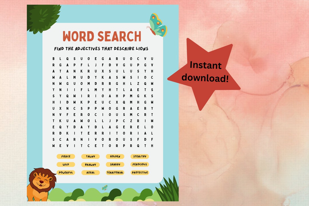 Lion Adjectives Word Search Instant Download Printable Etsy