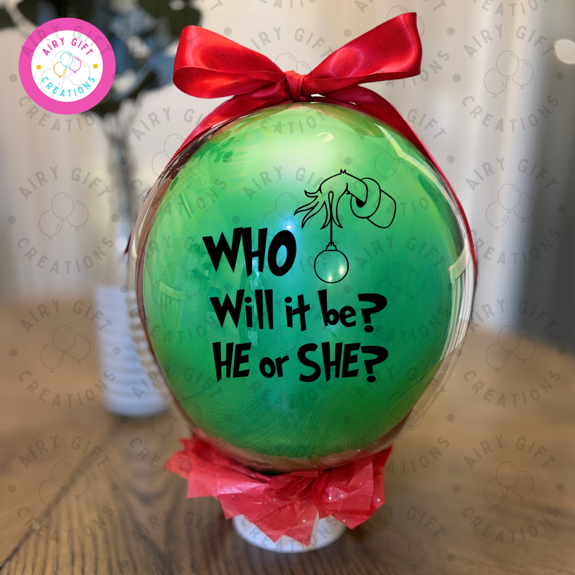 ¿Quién será? ¿Él o ella? Globo de revelación de género navideño, globo perfecto para fiestas de revelación de género en interiores, SIN ENSUCIAR