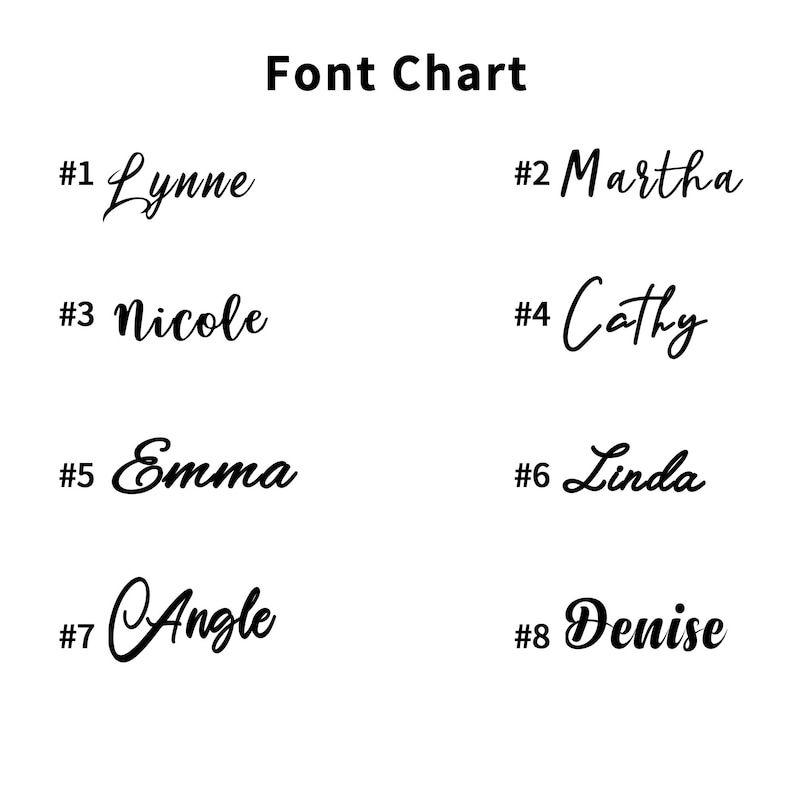 May include: A white background displays a font chart with the title "Font Chart". Eight different cursive fonts are shown, each with a name and a number from 1 to 8. The names include Lynne, Martha, Nicole, Cathy, Emma, Linda, Angle, and Denise.