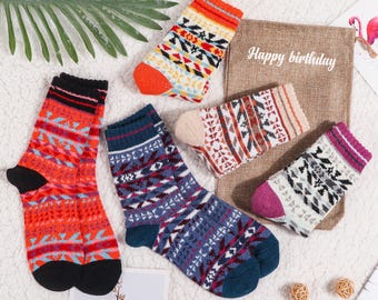 5 pairs Nordic Winter Soft Warm Wool National Style Socks, Women's Winter Socks, Colorful Thick Socks, Family Socks