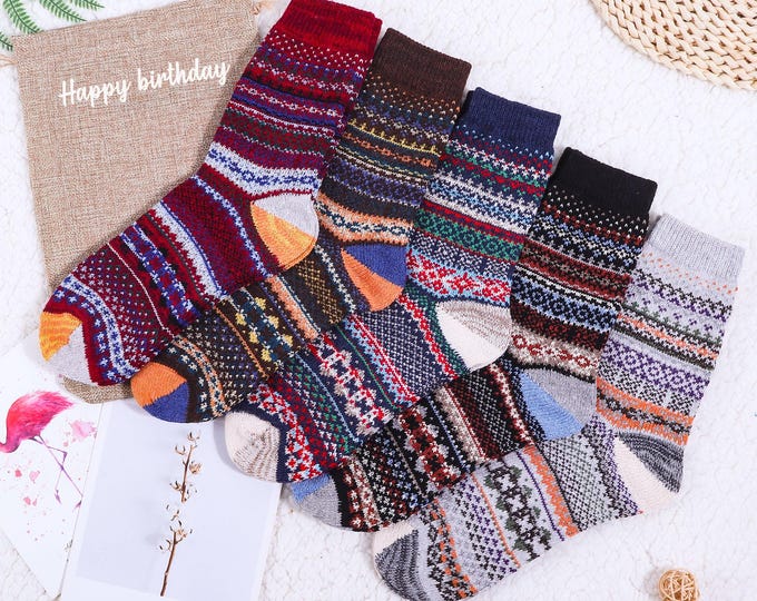 5 pairs Nordic style wool socks, women's winter thick knit socks, winter warm socks