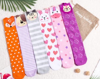 Kids Socks, Animal Cartoon Socks, Fox Socks, Kids High Knee Socks, Kids Girl Socks, Kids School Socks,  Kids Birthday Gifts