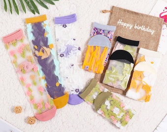 Retro Floral Mesh Socks, Vintage Women's Floral Transparent Socks, Lace Socks, Floral Sheer Socks, Crystal Silk Socks,  Spring Summer socks