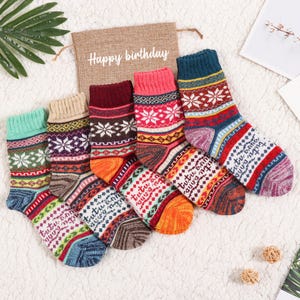 Women Warm Nordic Socks, Colorful Retro Vintage Style Socks,Winter Socks,Cotton blend thick socks-5 pairs