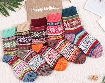 Frauen warme nordische Socken, bunte Retro Vintage Socken, Wintersocken, dicke Socken aus Baumwollmischung-5 Paare