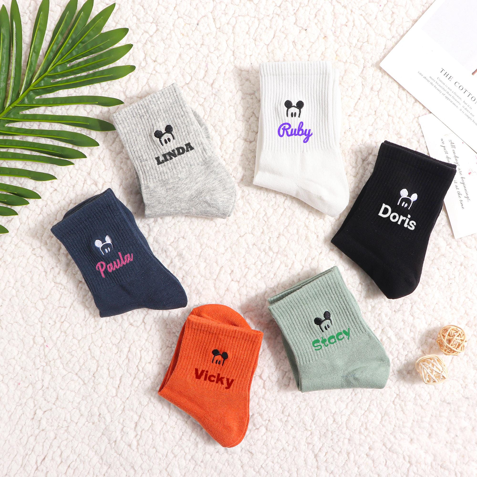 Personalized Cartoon Mouse Embroidered Socks - Custom Name Cotton Ankle Socks for Her, Cute Animal Crew Socks with Happy Daily Patterns