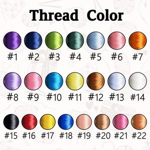 May include: A color chart labeled "Thread Color" displays 22 thread color options. Each color is represented by a numbered circle, ranging from purple to orange, and includes shades of blue, green, pink, yellow, and brown.