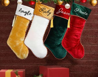 Christmas Stockings, Personalized Embroidered Family Holiday Stockings, Christmas Stockings, Christmas Velvet Fringe Socks, Christmas Gifts