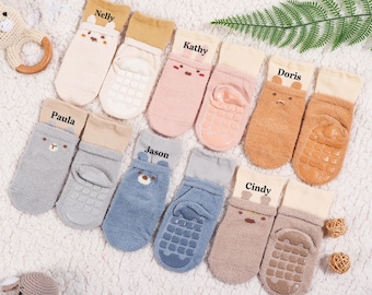 1 par de calcetines suaves y antideslizantes para bebé, con diseño de animales, para niños pequeños, personalizados, regalos para baby shower, calcetines para niños, calcetines para bebés y niños pequeños.