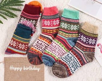 Women Warm Nordic Socks, Colorful Retro Vintage Style Socks,Winter Socks, Cotton blend thick socks-5 pairs