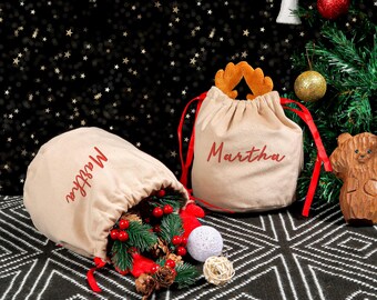 Christmas gift bag, Velvet reindeer pouch bag, Personalised Christmas bag with name, Christmas Eve,  Christmas gifts for kids