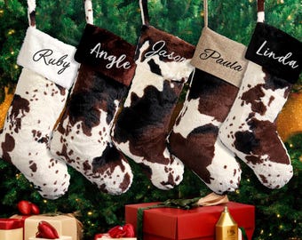 Personalized Cow Christmas Stocking,Embroidered Plush Cow Stocking,Xmas Decor,Christmas Family Gift, Embroidered Cow Stocking