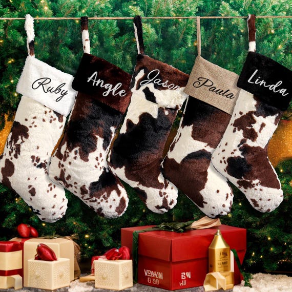 Personalized Cow Christmas Stocking,Embroidered Plush Cow Stocking,Xmas Decor,Christmas Family Gift, Embroidered Cow Stocking