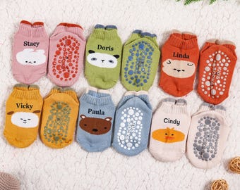 Calcetines antideslizantes para bebé, calcetines antideslizantes con nombre de bebé personalizado, calcetines antideslizantes de algodón, calcetines de animales lindos para bebé, calcetines para bebé niño pequeño