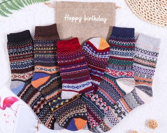5 Pairs of Cozy and Warm Winter Socks, Nordic socks, Women Wool Vintage Socks, Gift For Mom, Gift For Her