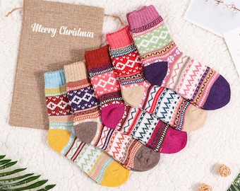 5 Paar nordische Winter weiche, warme Wolle Ethnic Style Socken, Damen Wintersocken, dicke Socken, Haussocken, UK Größe 10-12