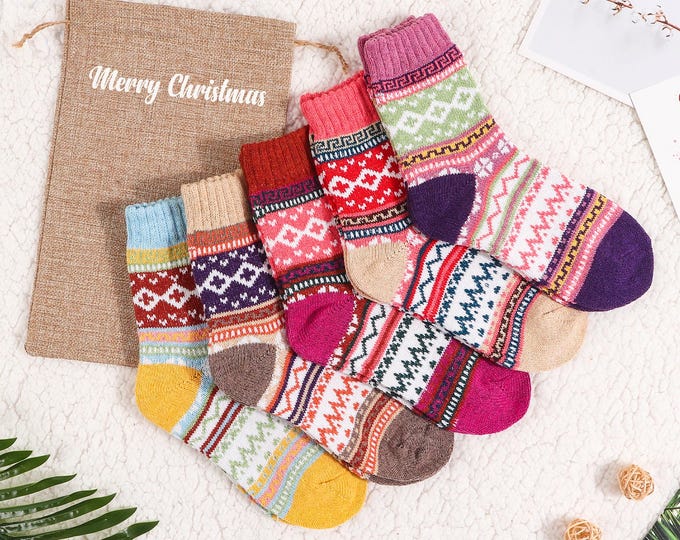5 Pairs Nordic Winter Soft Warm Wool Ethnic Style Socks, Women's Winter Socks, Thick Socks, Home Socks, UK Size 4-8