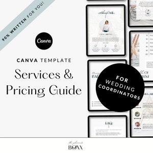 以下が含まれることがあります： ウェディングコーディネーター向けのCanvaテンプレートで、テキストには「サービスと価格ガイド」と「ウェディングコーディネーター向け」と記載されています。