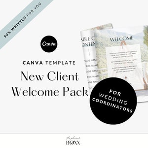 May include: A Canva template for a new client welcome pack for wedding coordinators. The template features a white background with black text that reads "Canva Template", "New Client Welcome Pack", and "For Wedding Coordinators".