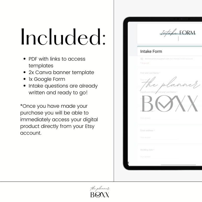 Puede incluir: Una lista de productos digitales para una plantilla de formulario de admisi&oacute;n. La imagen muestra la pantalla de una tableta que muestra un ejemplo de formulario de admisi&oacute;n con el texto "Intake Form" y "the planner BOXX". La lista incluye un PDF con enlaces para acceder a las plantillas, dos plantillas de banners de Canva y un formulario de Google.