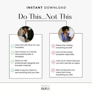 May include: A graphic comparing the benefits of using pre-made templates versus creating everything yourself. The graphic shows two women, one using a laptop and the other holding a piece of paper. The graphic lists the benefits of using templates, such as saving time and money, and the drawbacks of creating everything yourself, such as wasting time and losing money.