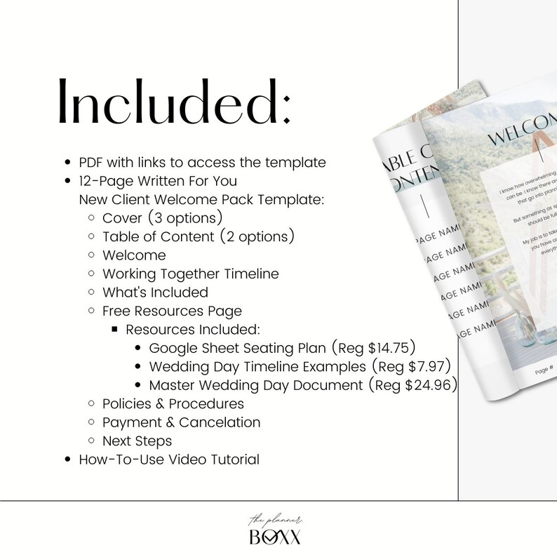 May include: A white and pink welcome pack template for new clients. The template includes a 12-page welcome guide, a cover page, a table of contents, a welcome page, a working together timeline, a what's included page, a free resources page, policies and procedures, payment and cancellation, next steps, and a how-to-use video tutorial. The template also includes a Google Sheet seating plan, wedding day timeline examples, and a master wedding day document.