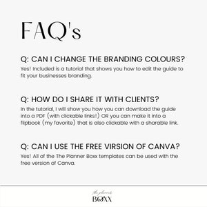 May include: FAQ's about a planner guide.  The guide can be customized with branding colors, shared with clients as a PDF or flipbook, and used with the free version of Canva.