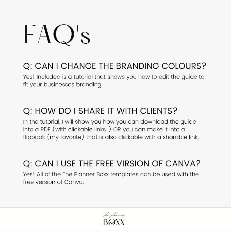 May include: FAQ's about a planner guide.  The guide can be customized with branding colors, shared with clients as a PDF or flipbook, and used with the free version of Canva.