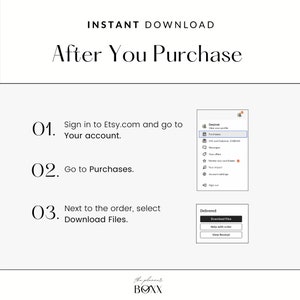 May include: A white and gray graphic with instructions on how to download digital files after purchasing from Etsy.com. The graphic includes a screenshot of the Etsy.com website showing the "Purchases" section.
