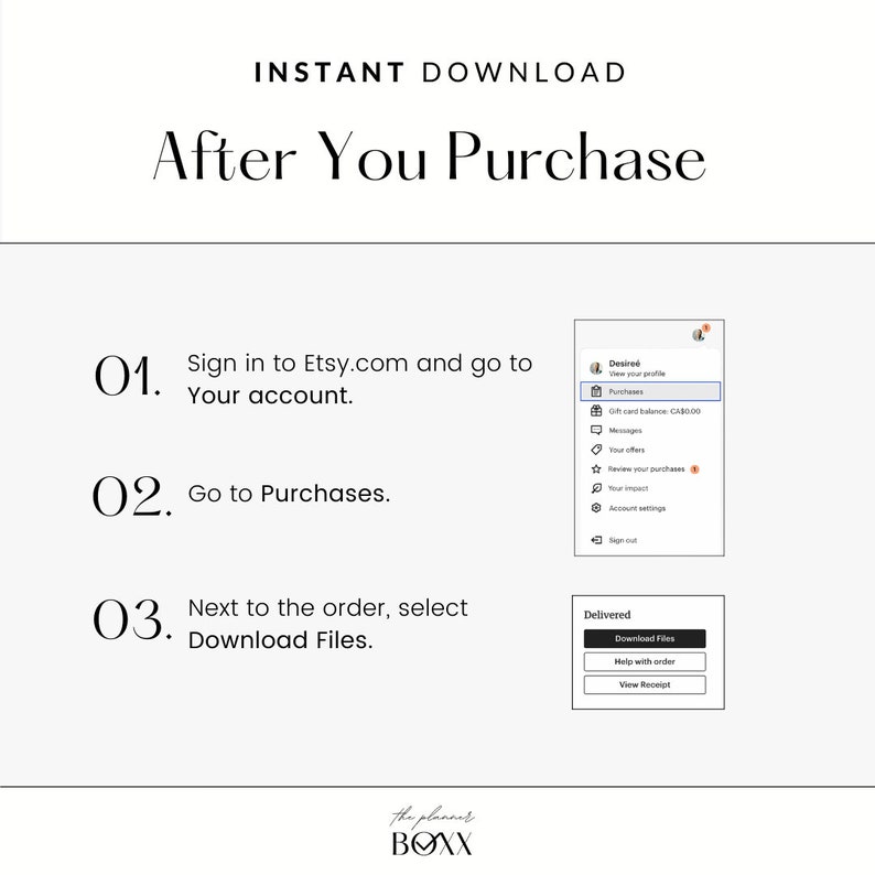 May include: A white background with a step-by-step guide on how to download digital files after purchasing from Etsy.com. The guide includes three steps: sign in to Etsy.com, go to Purchases, and select Download Files. The image also shows a screenshot of the Etsy.com website.