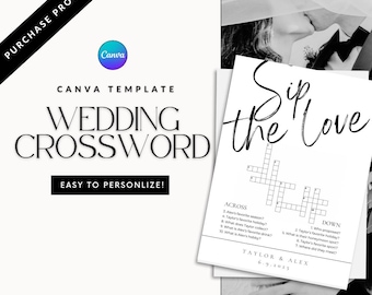 Custom Wedding Crossword Puzzle Template: Sip & Solve Game (5x7)